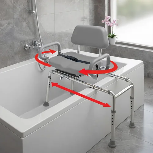 Vista 11 de Banco de transferencia deslizable para ducha con asiento giratorio Carousel, bariátrico, acolchado premium con apoyabrazos giratorios, alta