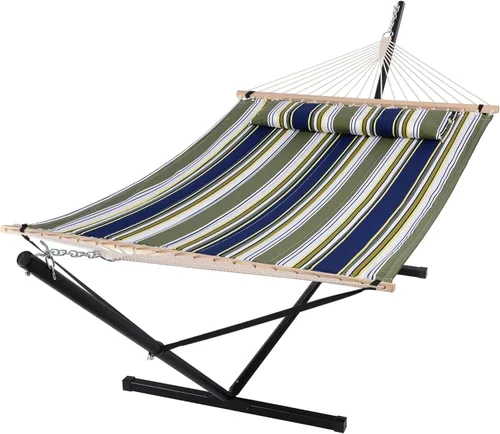 Vista 13 de SUNCREAT Hammocks Hamaca doble extragrande con soporte de 12 pies, capacidad de 475 libras, hamaca portátil al aire libre con barra separadora