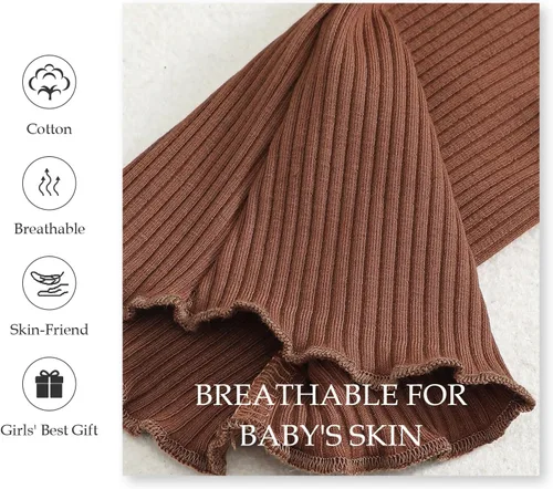 Vista 5 de SOBOWO Pantalones acampanados para bebé, paquete de 3 unidades para niña pequeña, color liso, acanalado, con volantes, pantalones acampanados