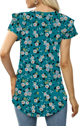 Vista 3 de DB MOON Camisetas casuales de verano para mujer, manga corta, con volantes, cuello en V, ajuste holgado
