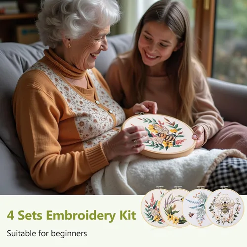 Vista 5 de Santune Paquete de 4 kits de bordado para principiantes, kits de punto de cruz y punto de aguja para adultos, juegos de punto con patrón de abeja