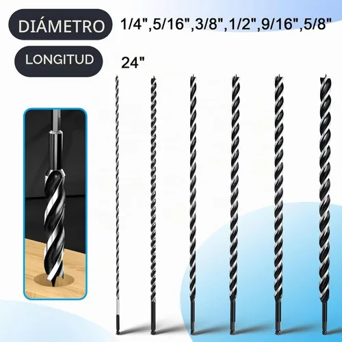 Vista 2 de 6 brocas helicoidales de 18" de largo, vástago hexagonal de cambio rápido de tres canales para madera blanda y dura, plástico, paneles de yeso