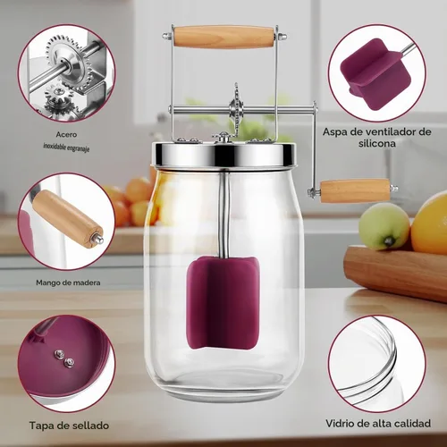 Vista 5 de Butter Churn - Batido de madera con mango de madera para hacer mantequilla manual, batidora de mantequilla, tarro masón de manivela de mano