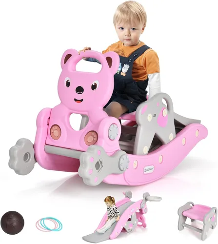 Vista 13 de GLACER Juguete mecedor 6 en 1 para niños pequeños, tobogán para niños con Pingüino rosa