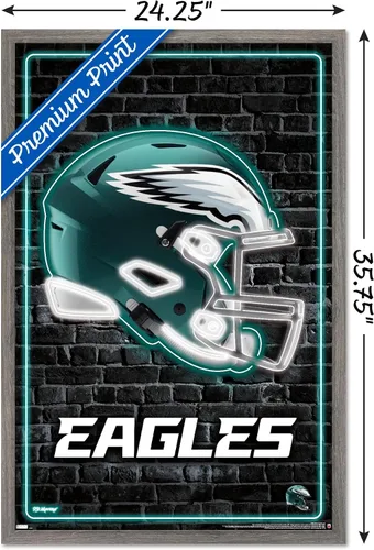 Vista 3 de NFL Philadelphia Eagles - Póster de pared con casco neón, 34 pulgadas de largo x 22.4 pulgadas de ancho, versión enmarcada de madera de granero