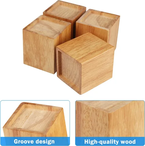 Vista 3 de GNIEMCKIN Juego de 4 elevadores de cama de madera, 4 pulgadas de alto, elevadores de muebles de madera natural, elevadores de sofá resistentes