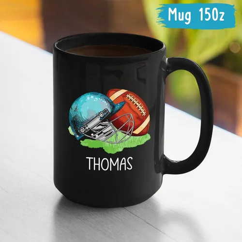 Vista 5 de Taza de café de fútbol americano con nombre personalizado, regalo de fútbol personalizado, porcelana negra 11oz y 15oz