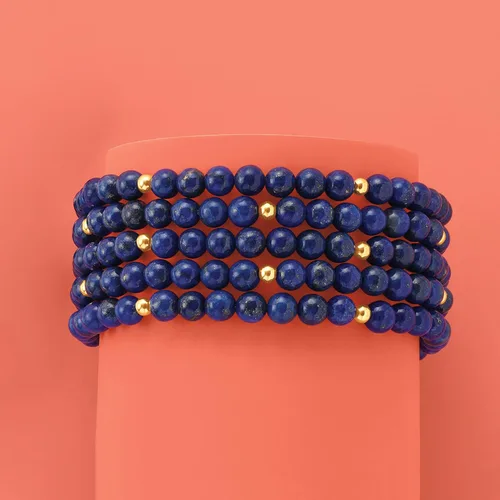Vista 3 de Ross-Simons Juego de joyas de lapislázuli azul 5 pulseras elásticas de cuentas con oro amarillo de 14 quilates, Gema, Lapislázuli