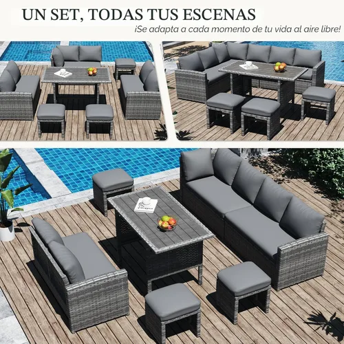 Vista 3 de U-MAX - Juego de muebles de patio, 7 piezas para sofá seccional para exteriores Ratán gris y cojín gris