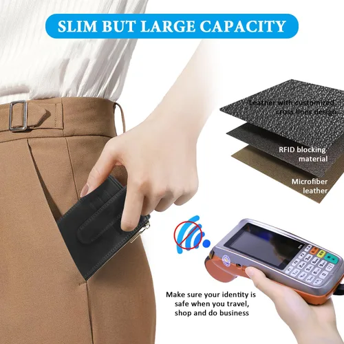 Vista 3 de FUNTOR - Carteras pequeñas para mujer, soporte delgado y plegable para tarjetas de crédito con bolsillo para monedas con cremallera, A: Negro