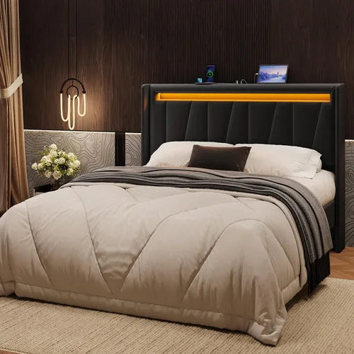 Vista 14 de SHA CERLIN - Base de cama tamaño King con estación de carga y luces LED, cama moderna de plataforma de terciopelo con cabecera tapizada geométrica