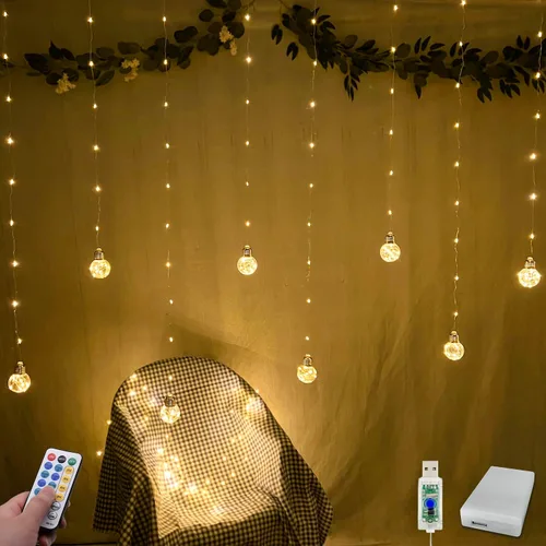 Vista 12 de Luces de Cortina de Bola de Deseos que Cambian de Color, 9.8 x 3.3 Pies, Luz de Hadas LED RGB con Control Remoto por App, Sincronización de Música