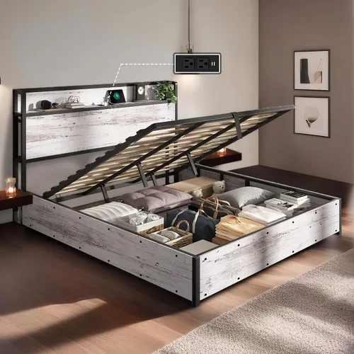 Vista 14 de Cama de Almacenamiento Elevable Tamaño Full, Marco de Cama Plataforma de Madera con Cabecera de Almacenamiento y Estación de Carga, No Necesita Negro