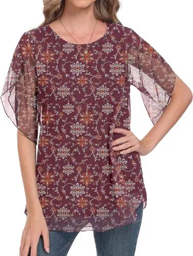 Vista 2 de HAOMEILI Blusas de malla de manga 34 con volantes para mujer, blusas holgadas y elásticas