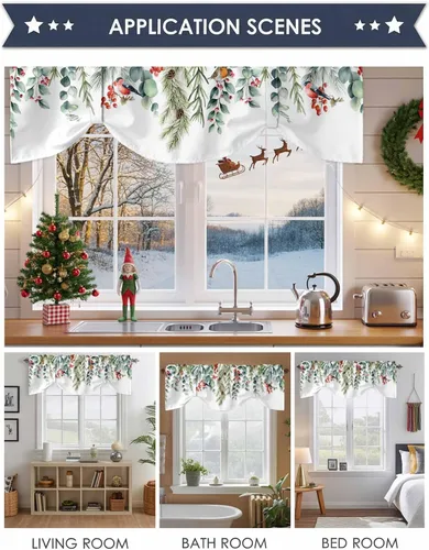 Vista 6 de Cenefa de amarre cardenal de Navidad, cenefa de cocina ajustable con hojas de eucalipto verde baya, cenefas blancas con bolsillo para barra