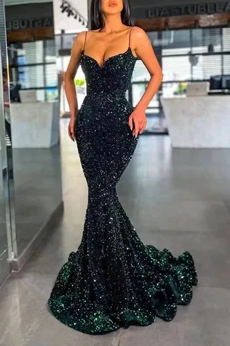 Vista 2 de Vestidos de fiesta de sirena para mujer, vestido de baile con lentejuelas brillantes, tirantes delgados, cuello en V, vestido largo formal de noche