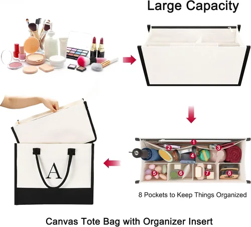 Vista 5 de YOOLIFE Regalos personalizados para mujer, bolsa de lona con monograma con organizador con cremallera, regalo de cumpleaños para mujeres, Blanco, B