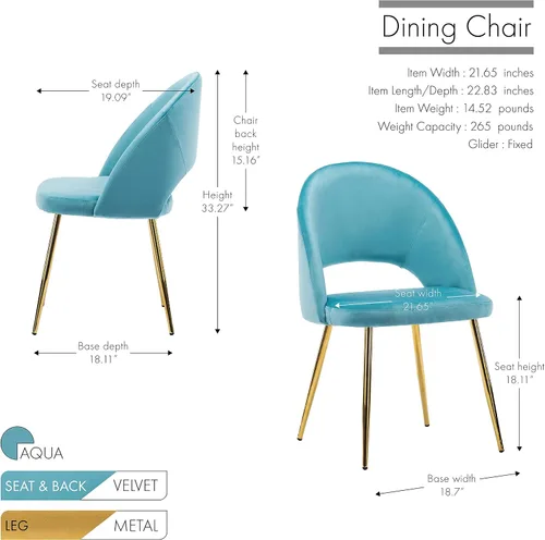 Vista 2 de Porthos Home Batia - Juego de 2 sillas de comedor sin brazos con elegante tapicería de terciopelo, patas cónicas de metal dorado y respaldo