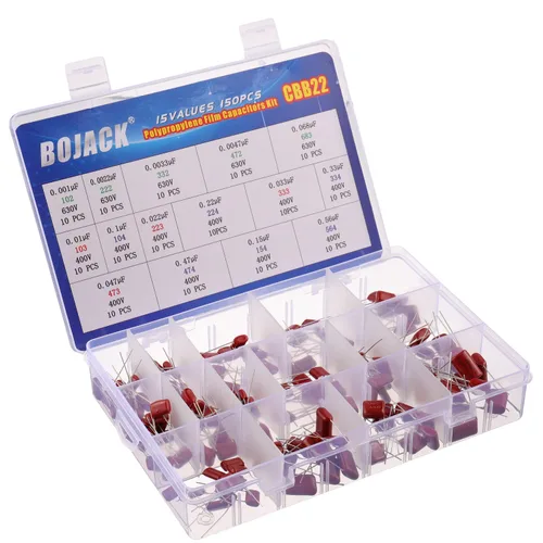 Vista 2 de BOJACK 15 Valores 150 Pcs Película de Polipropileno Metalizado Condensador DC 400V/0.01uF ~ 0.56uF 630V/0.001uF ~ 0.068uF Kit Surtido