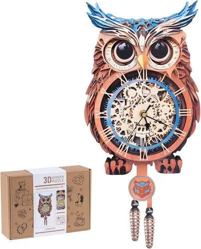 Vista 12 de Rompecabezas de madera 3D para adultos, kit de modelo de reloj de águila calva con péndulo, rompecabezas 3D para adultos, kit de reloj de pared DIY