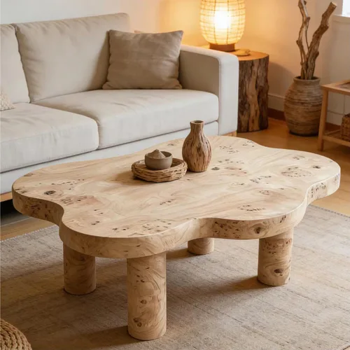 Vista 5 de WILLIAMSPACE Mesa de centro de nube de 39.7 pulgadas con chapa de madera Burl y 4 patas redondas, moderna mesa central de madera con patrón de nudo