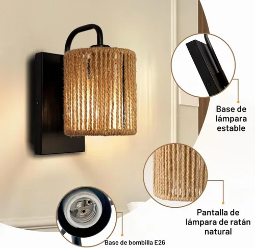 Vista 7 de Aplique de pared boho de ratán apliques de cuerda de cáñamo Estilo de ratán tejido