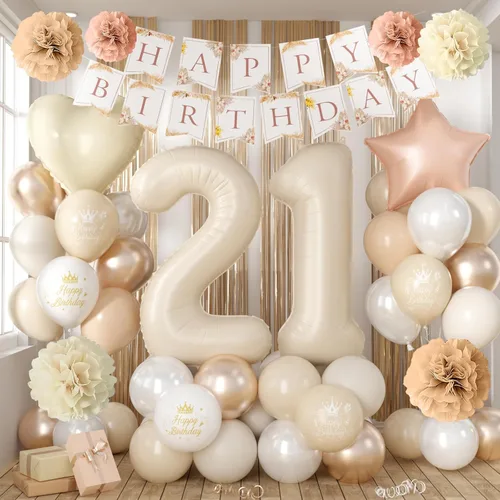 Vista 24 de Decoraciones de cumpleaños número 13 en crema para niñas, globos beige con número 13 en forma de corazón y estrella marrón, globos neutros