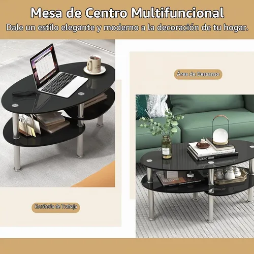 Vista 5 de Giantex Mesa de centro ovalada de vidrio templado transparente de 3 niveles con patas cromadas resistentes, mesa auxiliar de sofá pequeña, mesa