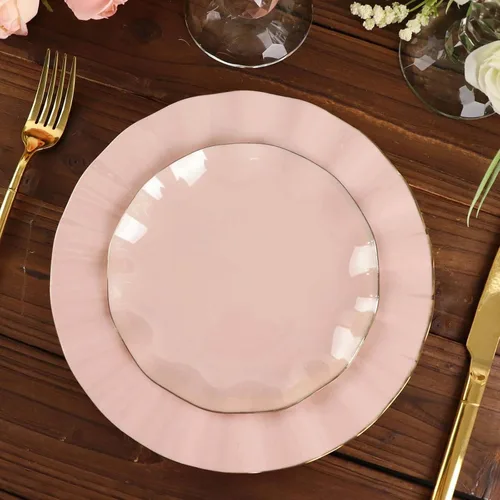 Vista 73 de Tableclothsfactory Paquete de 10 platos redondos de plástico negro de 6 pulgadas para ensalada de postre, platos desechables con borde ondulado