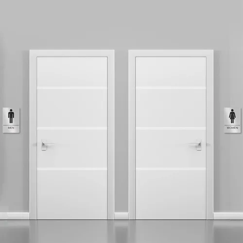 Vista 6 de Letreros unisex de baño, letrero de baño para negocios, para hombres y mujeres, 9 x 6 pulgadas, compatible con la ADA con Braille, adhesivos fuertes