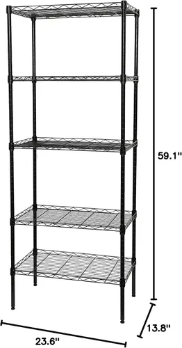 Vista 4 de Estantería de acero al carbono de 5 niveles, organizador de cocina con 6 ganchos, estantería clásica de alambre, estante de almacenamiento multiusos