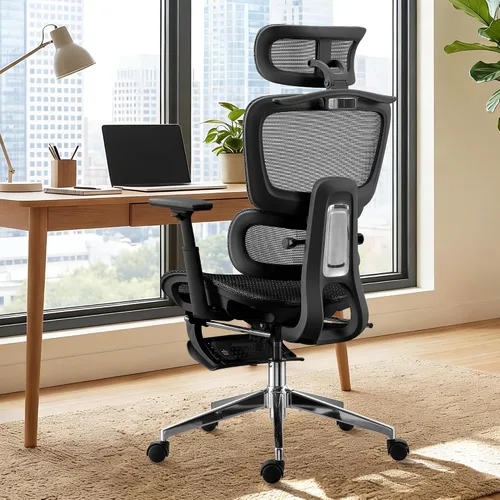 Vista 5 de Silla de oficina ergonómica, silla de escritorio de malla para el hogar, cómoda silla de juegos con reposapiés, ruedas, reposacabezas 2D ajustable