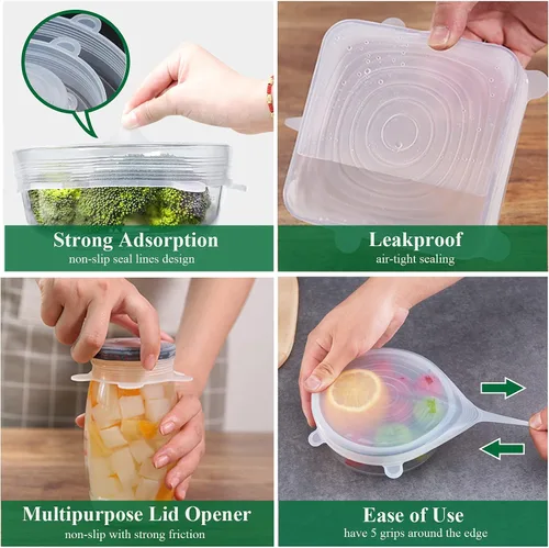 Vista 4 de Tapas elásticas de silicona, paquete de 12 tapas de silicona reutilizables para almacenamiento de alimentos, cubiertas de silicona sin BPA