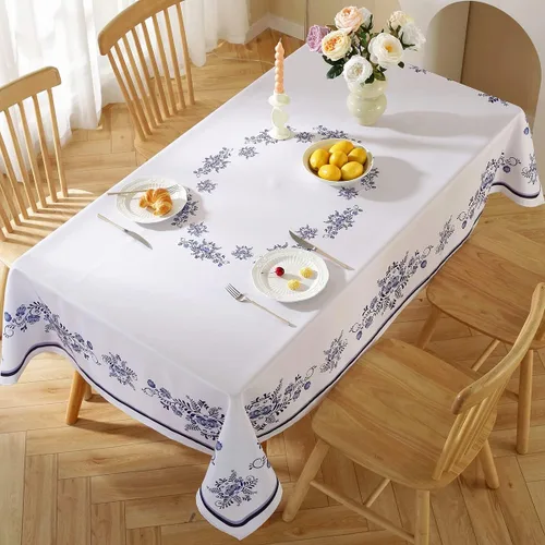 Vista 2 de SASTYBALE - Mantel rectangular de porcelana azul y blanca de Navidad de 52 x 70 pulgadas, resistente a derrames y manchas, de poliéster para buffet