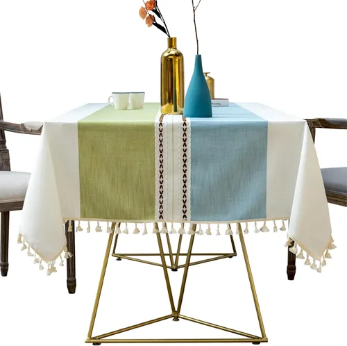 Vista 8 de Mantel rústico bordado con borla, lino de algodón sin arrugas, antidecoloración, lavable, a prueba de polvo, para comedor, cocina, fiesta, Azul