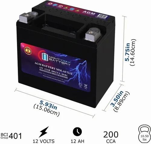Vista 2 de Mighty Max Battery MM-AUX12 Batería Auxiliar 12 V 12 Ah, 20 RC, 200 CCA Batería AGM recargable para auto