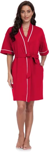 Vista 13 de COLORFULLEAF Bata de baño de manga corta para mujer, 100% algodón, longitud hasta la rodilla, con bolsillos