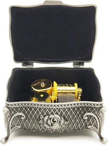 Vista 2 de Caja de música de metal de aleación en relieve, caja de música con movimiento dorado para Navidad, regalos únicos para mamá/papá/hija/hijo