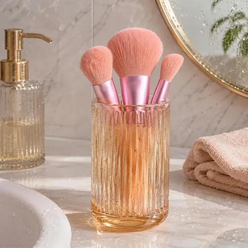 Vista 7 de Amber Glass Organizer Cup, Vintage Striped Brush & Pen Holder Thickened Crystal Glass, 2.84 x 5 Inch, Polished Safe Edges, Reinforced Base