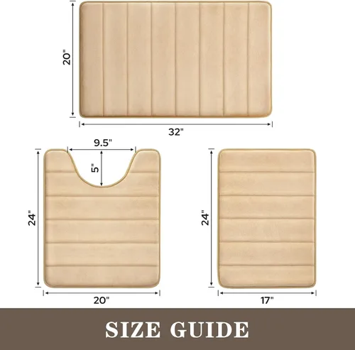 Vista 2 de BYSURE Juego de 3 tapetes de baño de espuma viscoelástica color beige, antideslizantes, extra suaves, absorbentes, lavables a máquina y secos