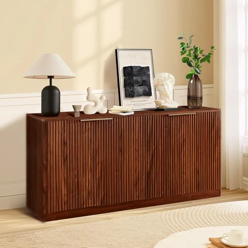 Vista 10 de Aparador de buffet de 64 pulgadas con almacenamiento, moderna credenza acanalada con estantes ajustables, mesa consola de barra de café de madera