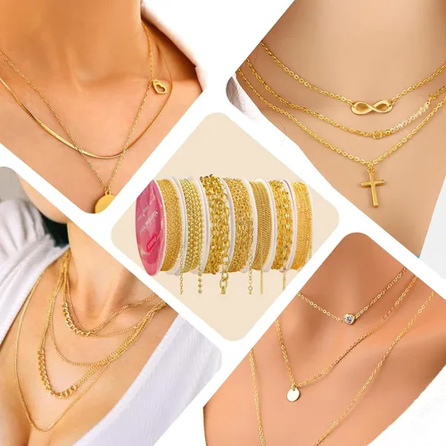 Vista 7 de ENERFUN Cadenas de collar de oro para hacer joyas, 112 pies, 15 rollos de cadenas a granel para hacer collares, pulseras, accesorios con anillos