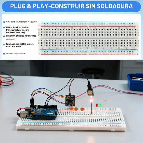 Vista 5 de Kit de 1530 piezas de componentes electrónicos – Set de inicio para laboratorio electrónico 830-Tie Breadboard, resistencias de película metálica