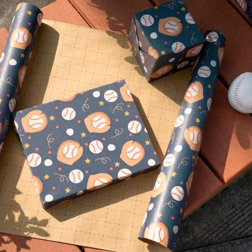 Vista 3 de BIOBROWN Papel de regalo de estraza de béisbol para niños, 17 pulgadas x 33 pies (47 pies cuadrados total) – Papel de regalo deportivo con diseño