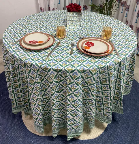 Vista 23 de Mantel redondo con estampado de bloque a mano, 100% algodón, reutilizable, turquesa, verde musgo, 90 pulgadas, mantel decorativo para uso diario