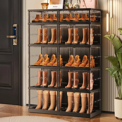 Vista 14 de CIMLORD Estante de zapatos plegable de 3 niveles para armario y entrada, 3-6 pares, cajas de almacenamiento de zapatos apilables transparentes