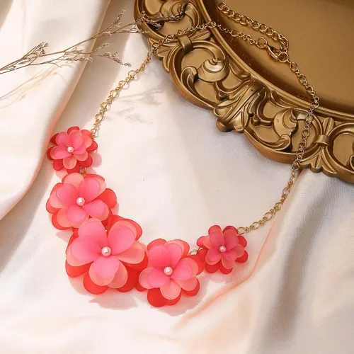 Vista 4 de Flyonce Collar de flores para mujer, diseño de flores, para verano, playa, gargantillas para mujeres y niñas, Cristal, No es una piedra preciosa
