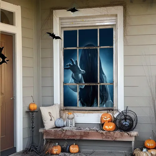 Vista 4 de Decoración de ventana de Halloween, cortina de fantasma femenino, decoración aterradora para la pared de la puerta de la ventana, decoración