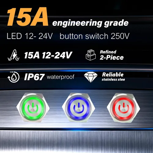 Vista 5 de Interruptor de botón pulsador de 15 amperios, interruptor de botón de bloqueo de 0.630 in (0.63 pulgadas) 12V-24V AC/DC IP67 impermeable LED Angel