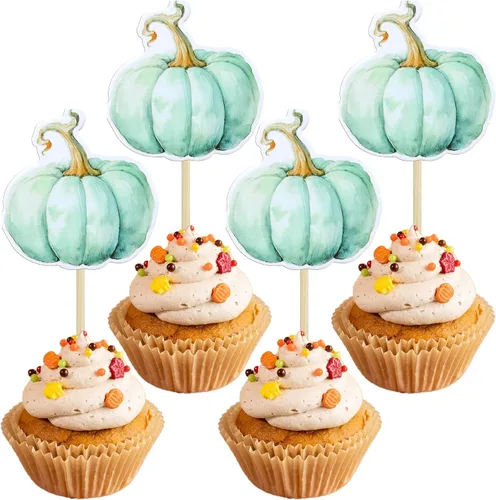 Vista 18 de 24 adornos de calabaza para cupcakes con purpurina para otoño, hojas, flores, calabaza, cupcakes, decoración de pasteles para Halloween, decoración
